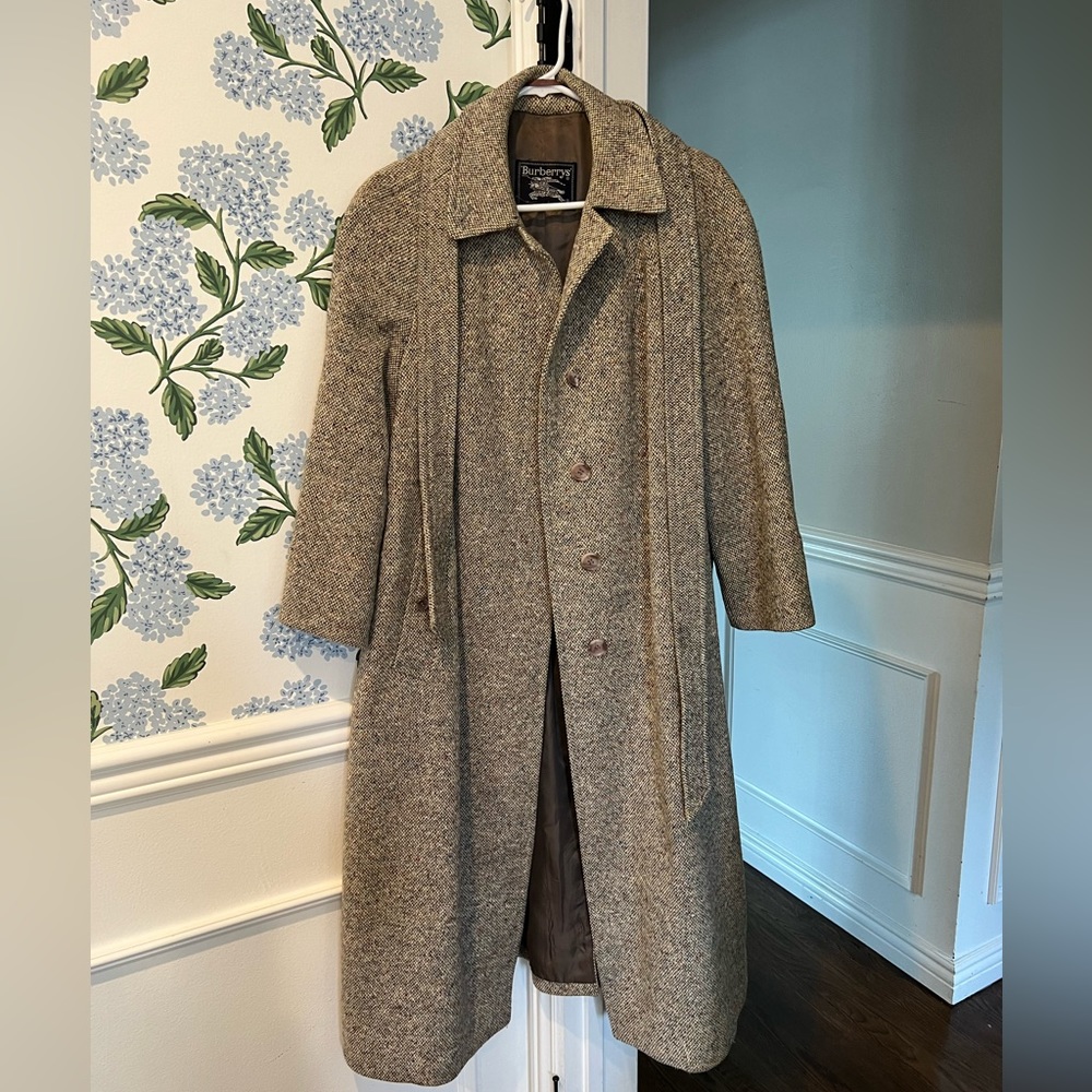 Women’s Burberry Irish Tweed Full Length Trench Wool Coat Vintage 16 Long